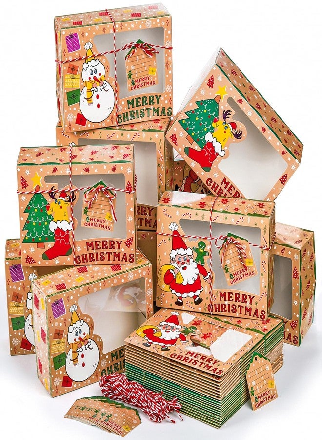 Elsjoy 30 Pack Christmas Cookie Boxes with Window, Christmas Treat Boxes Paper Candy Box with Tags & Ribbons, Xmas Treat Container Bakery Dessert Boxes for Cupcake, Donut, Party Favor - Image 1